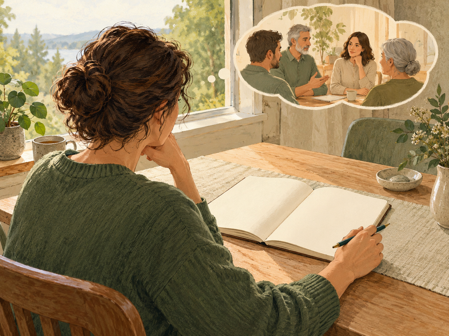 Illustration einer erwachsenen Person mit einem offenen, unbeschriebenen Notizbuch am Fenster.