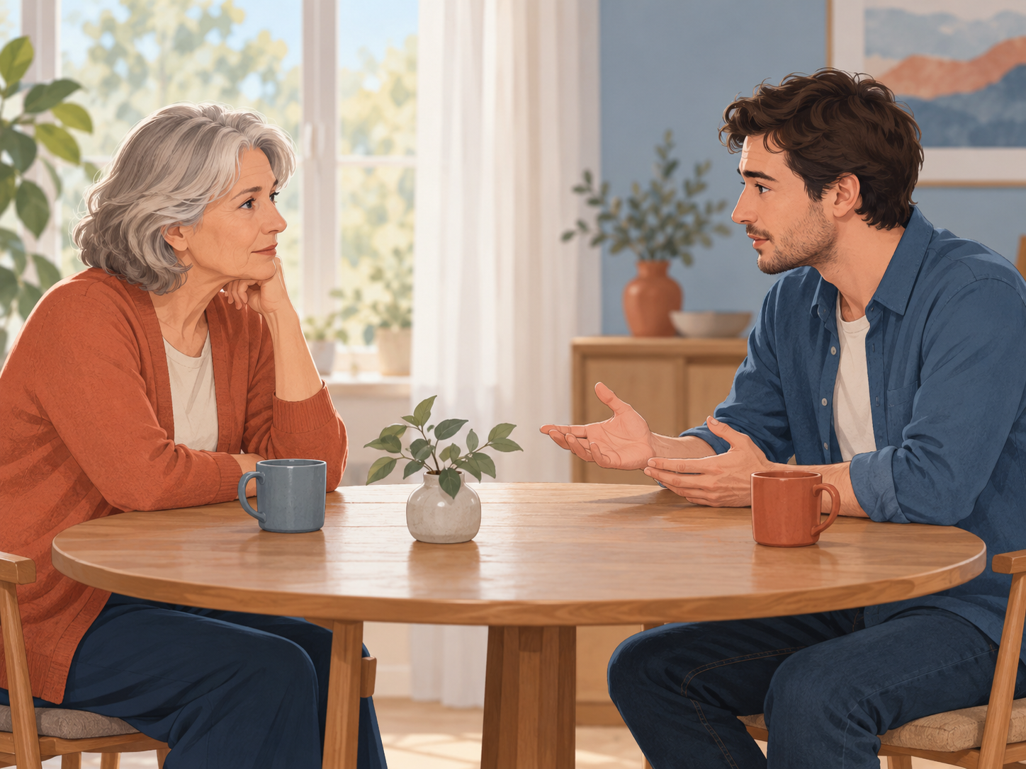 Illustration einer Mutter und ihres erwachsenen Sohnes bei einem ruhigen Gespräch mit persönlichem Abstand.
