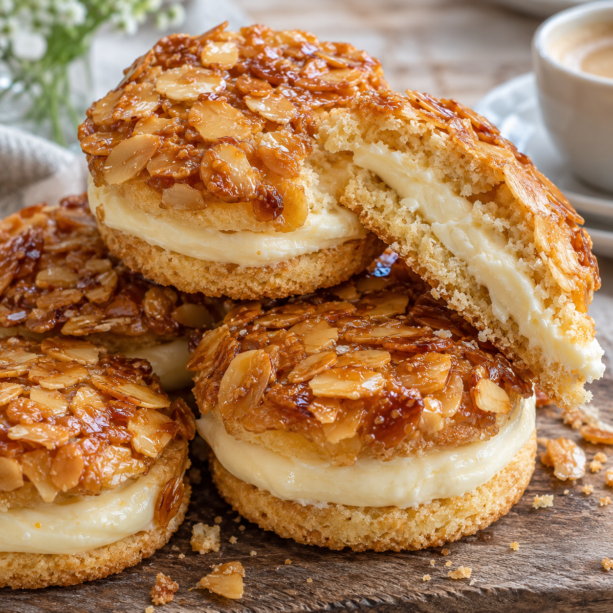 Bienenstich-Plätzchen mit Rumcreme und goldener Mandelhaube