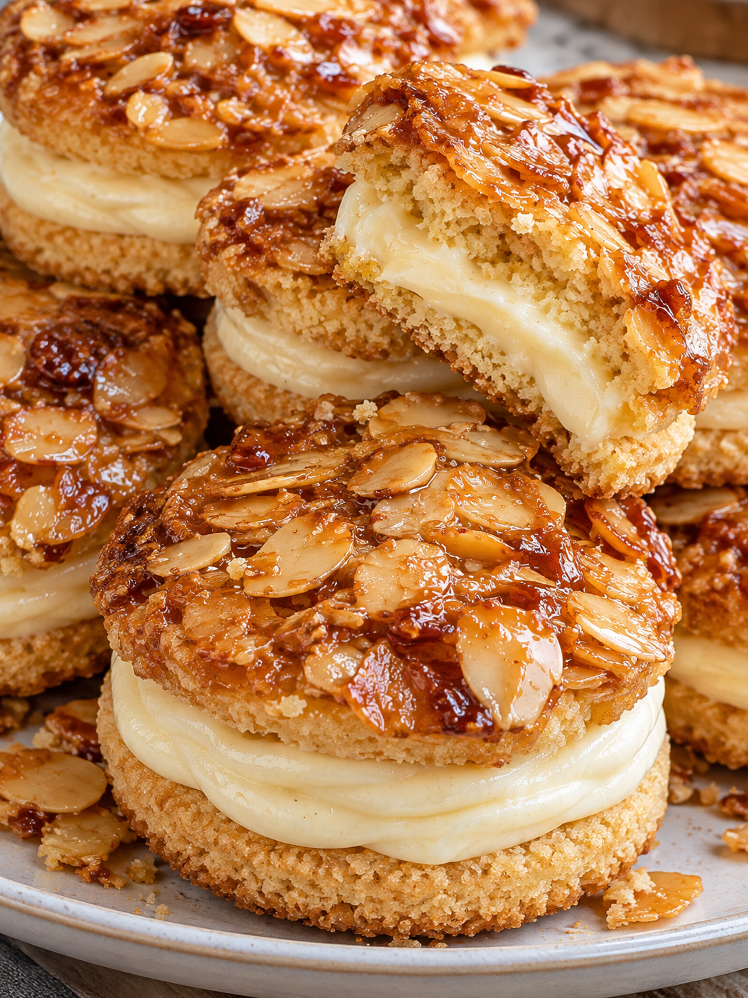 Gefüllte Bienenstich-Plätzchen mit Rumcreme auf hellem Teller