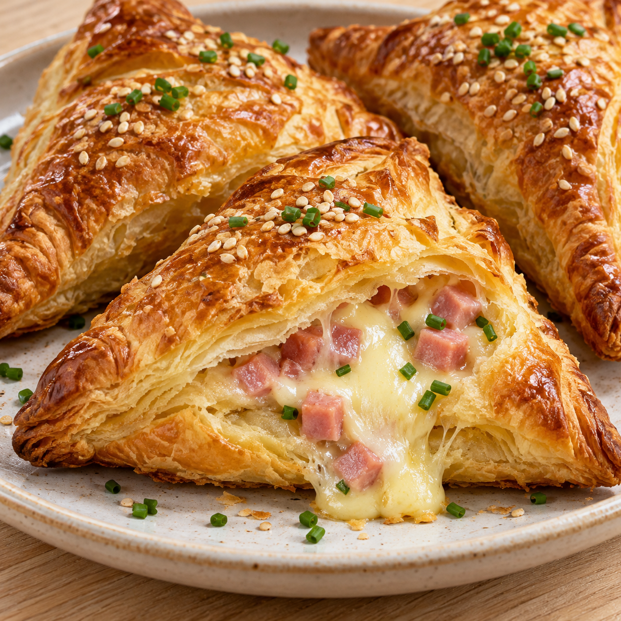 Goldbraune Blätterteigtaschen mit Schinken, Käse und Schnittlauch