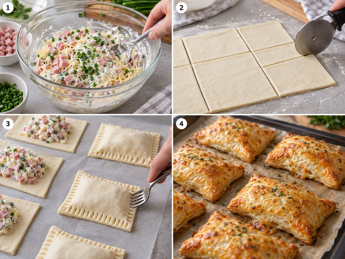 Vier Schritte für Blätterteigtaschen mit Schinken und Käse