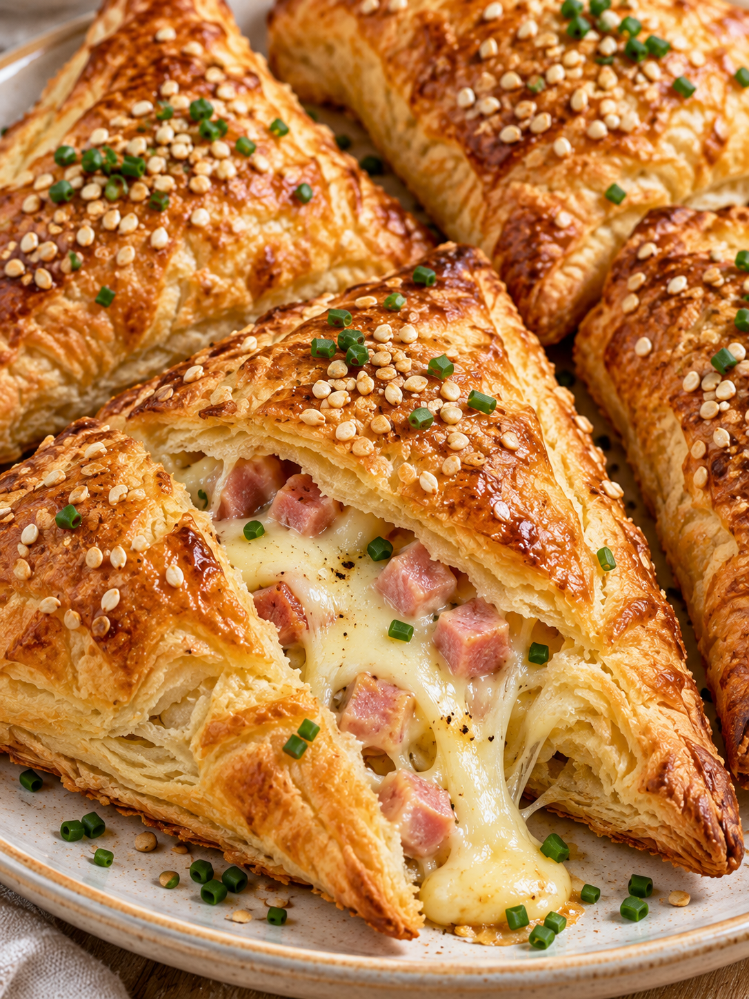 Blätterteigtaschen mit geschmolzenem Käse und Schinkenfüllung