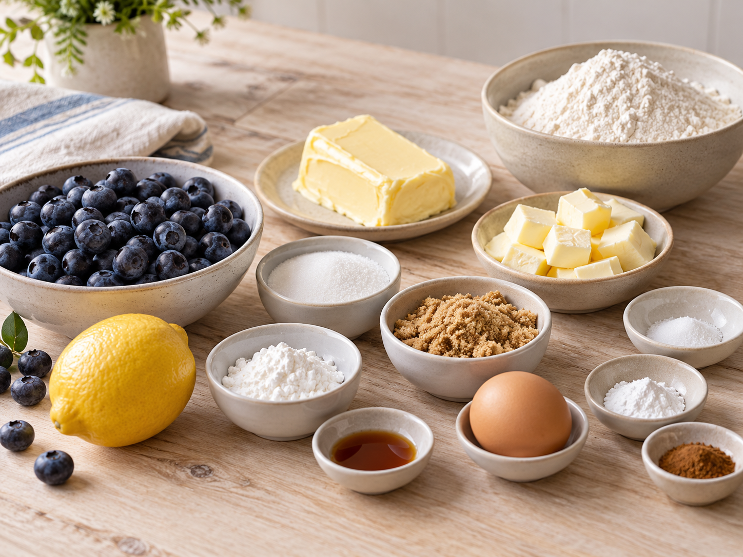 Zutaten für Blaubeer-Cookies mit Butter, Beeren, Mehl und Zitrone