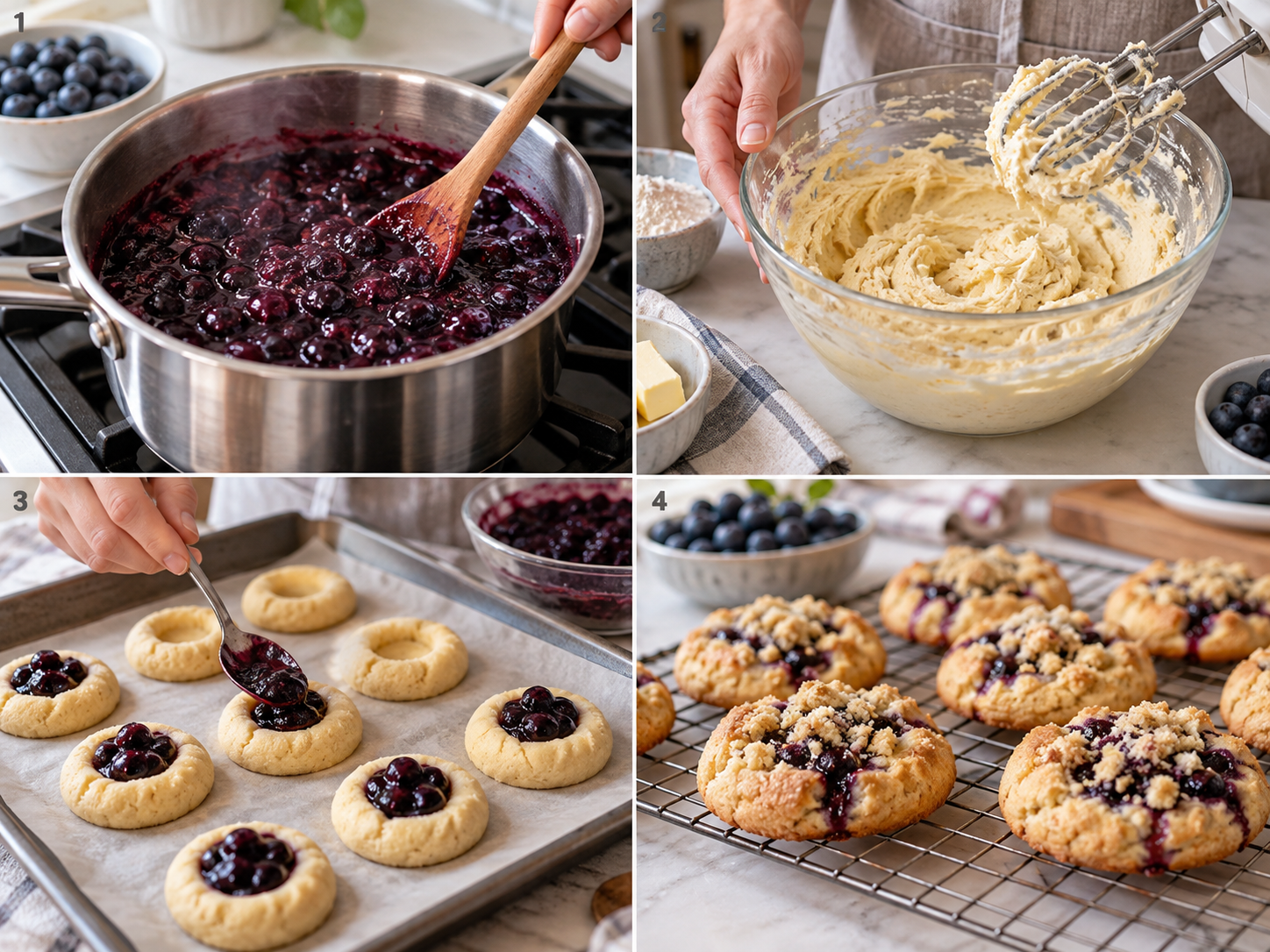 Vier Schritte für Blaubeer-Cookies vom Füllen bis zum Abkühlen