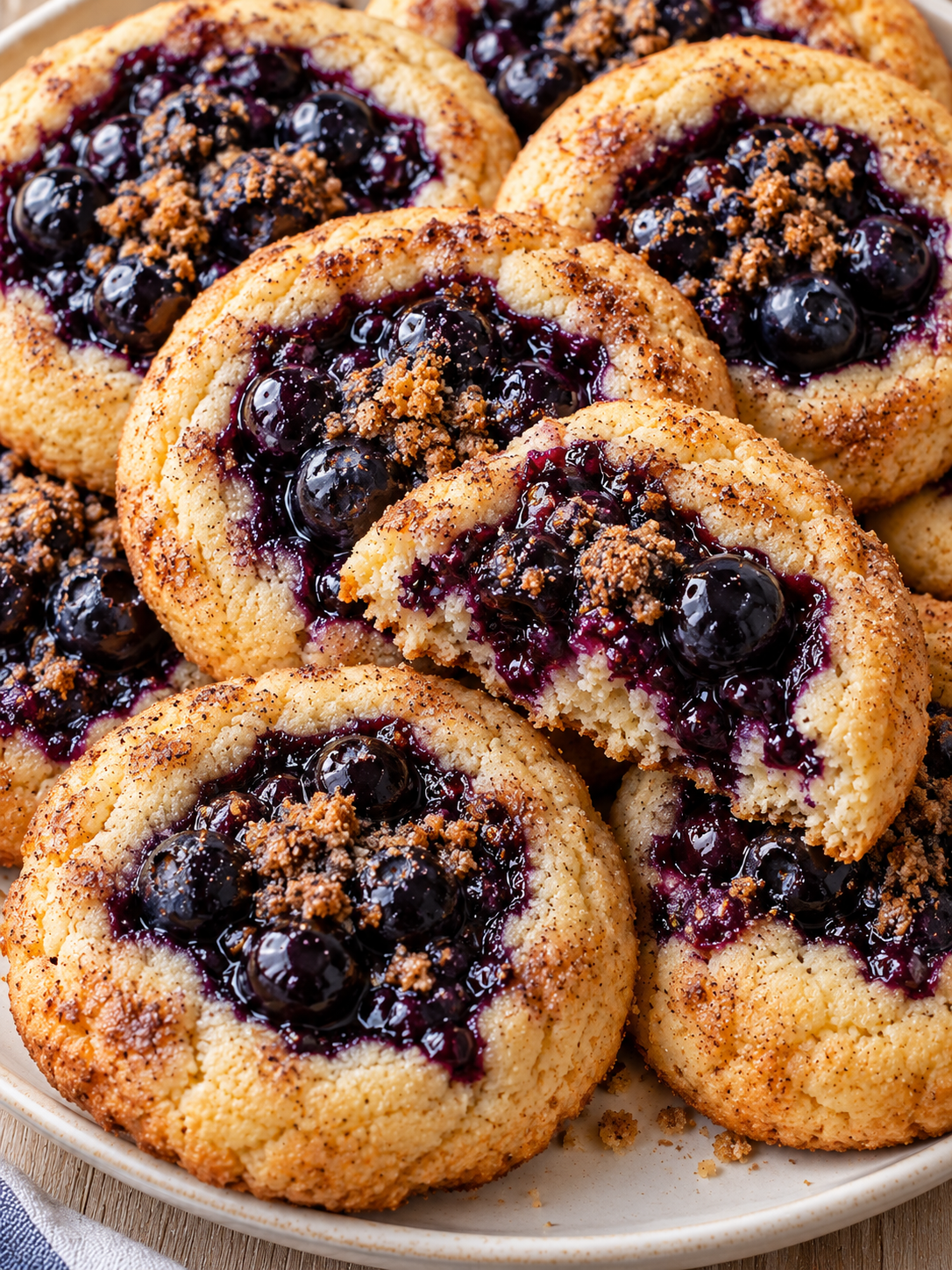Gefüllte Blaubeer-Cookies mit Streuseln auf hellem Teller