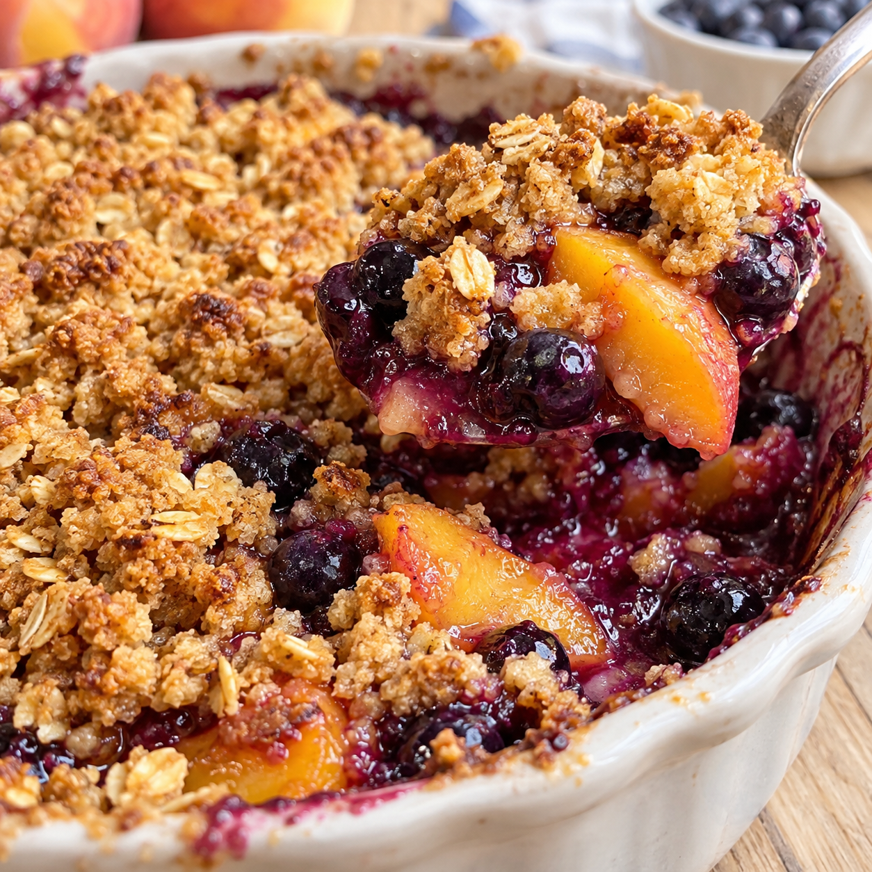 Blaubeer-Pfirsich-Crumble mit goldenen Haferstreuseln