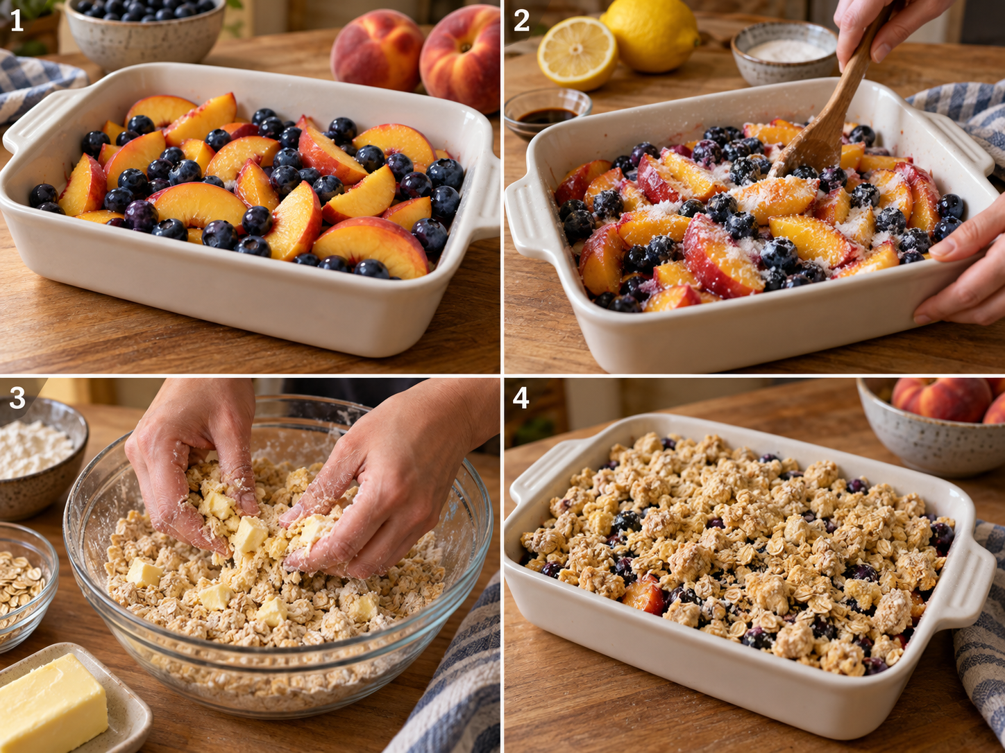 Vier Schritte für Blaubeer-Pfirsich-Crumble vor dem Backen