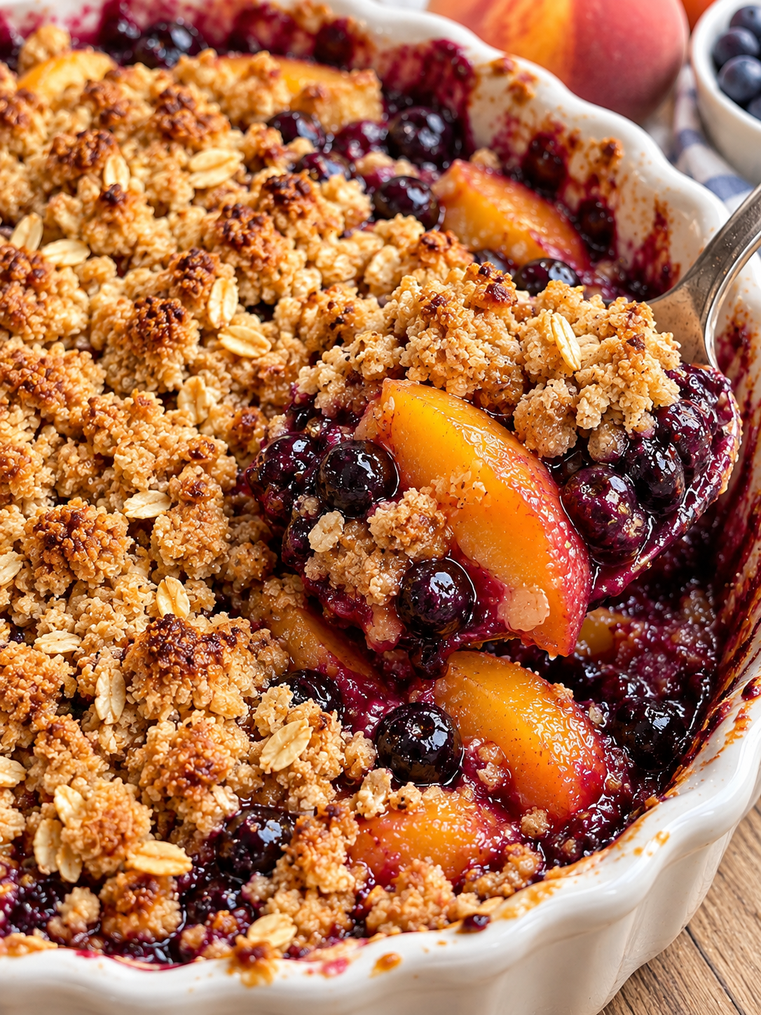 Warmer Blaubeer-Pfirsich-Crumble mit knusprigen Streuseln
