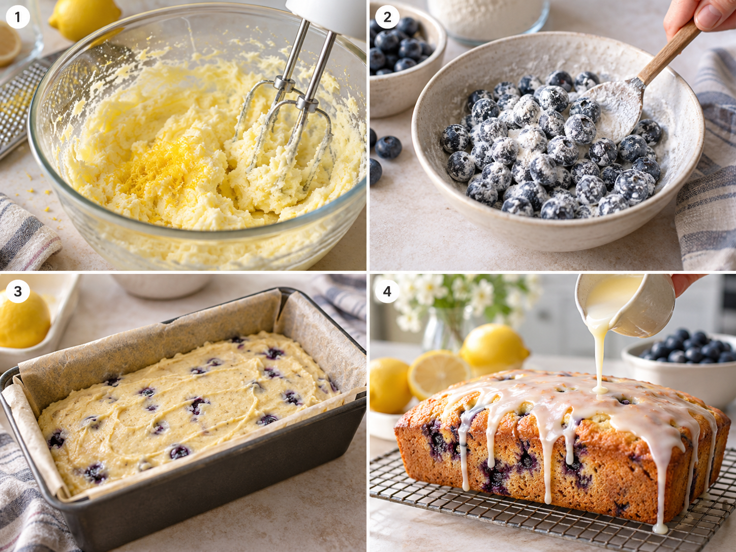 Vier Schritte für Blaubeer-Zitronen-Kuchen mit Zitronenglasur