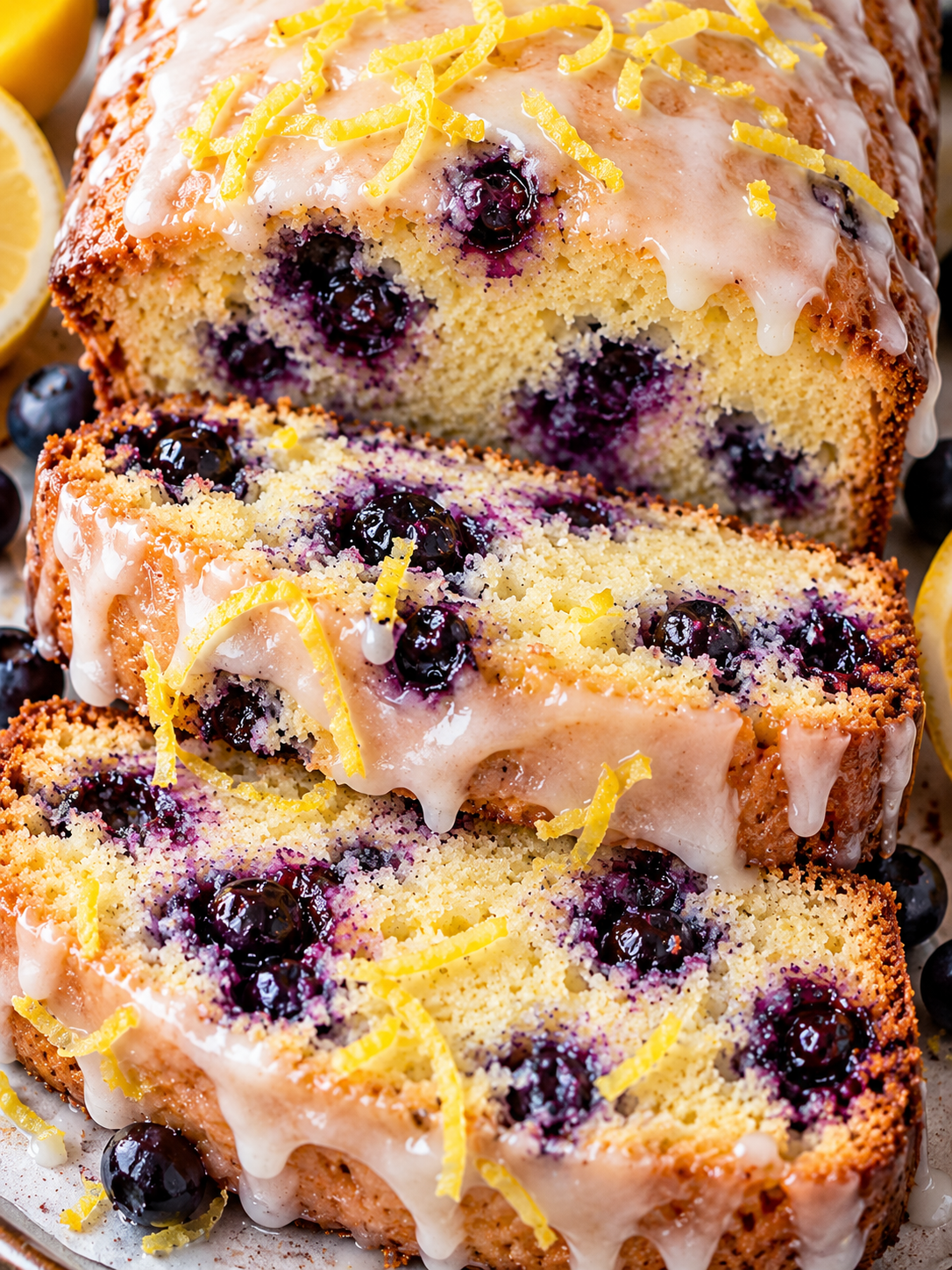 Saftige Scheiben Blaubeer-Zitronen-Kuchen mit heller Glasur