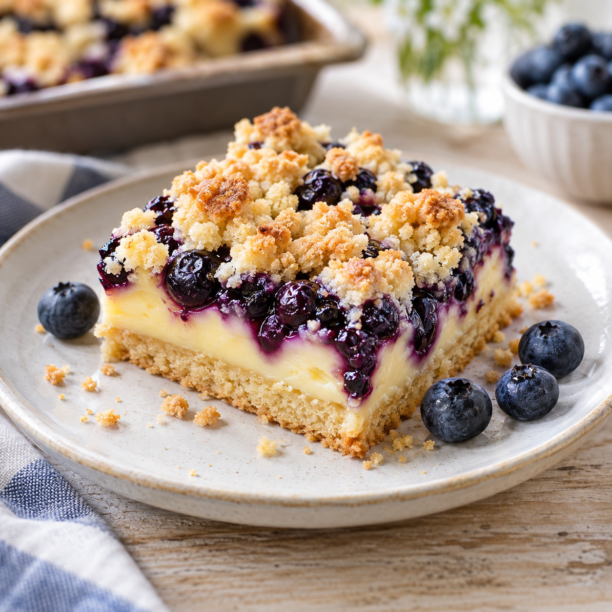 Blaubeerkuchen mit Vanillepudding und goldenen Streuseln auf einem Teller