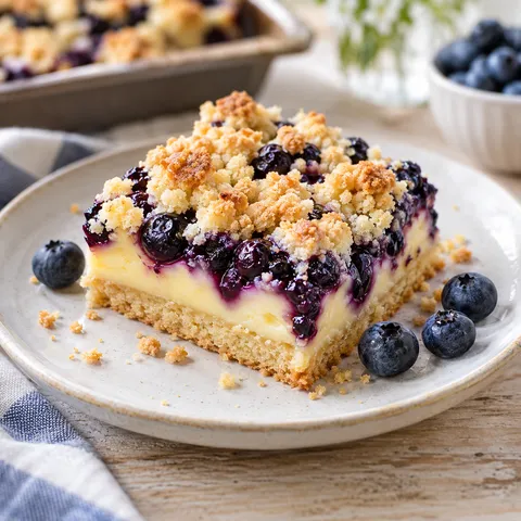 Blaubeerkuchen mit Vanillepudding und goldenen Streuseln auf einem Teller