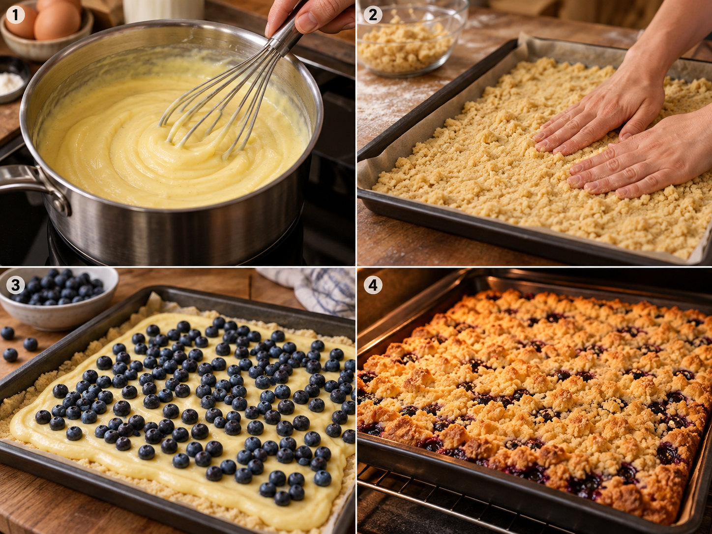 Vier Schritte vom Puddingkochen bis zum gebackenen Blaubeer-Streuselkuchen