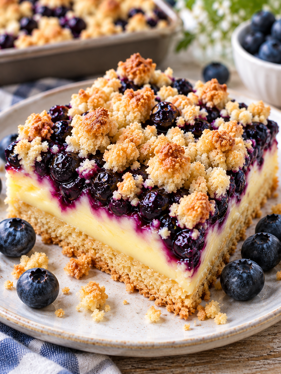 Saftiges Stück Blaubeerkuchen mit Pudding und knusprigen Streuseln