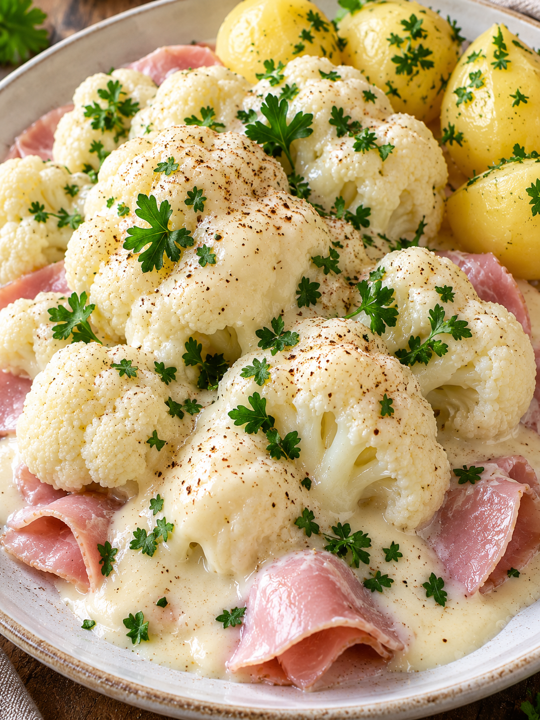 Cremiger Blumenkohl auf Schinken mit Petersilie