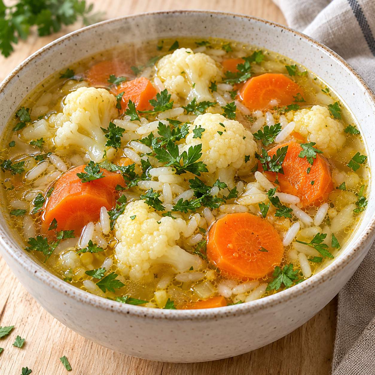 Blumenkohl-Möhren-Suppe mit Reis und Petersilie in heller Schale