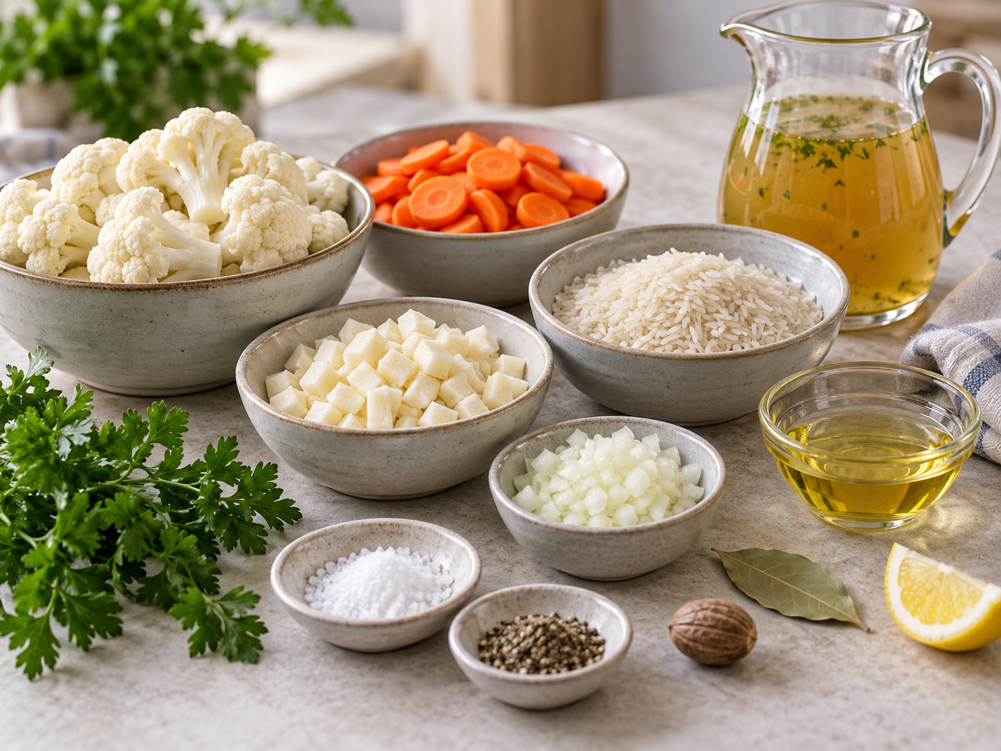Zutaten für Blumenkohl-Möhren-Suppe mit Reis auf heller Arbeitsfläche