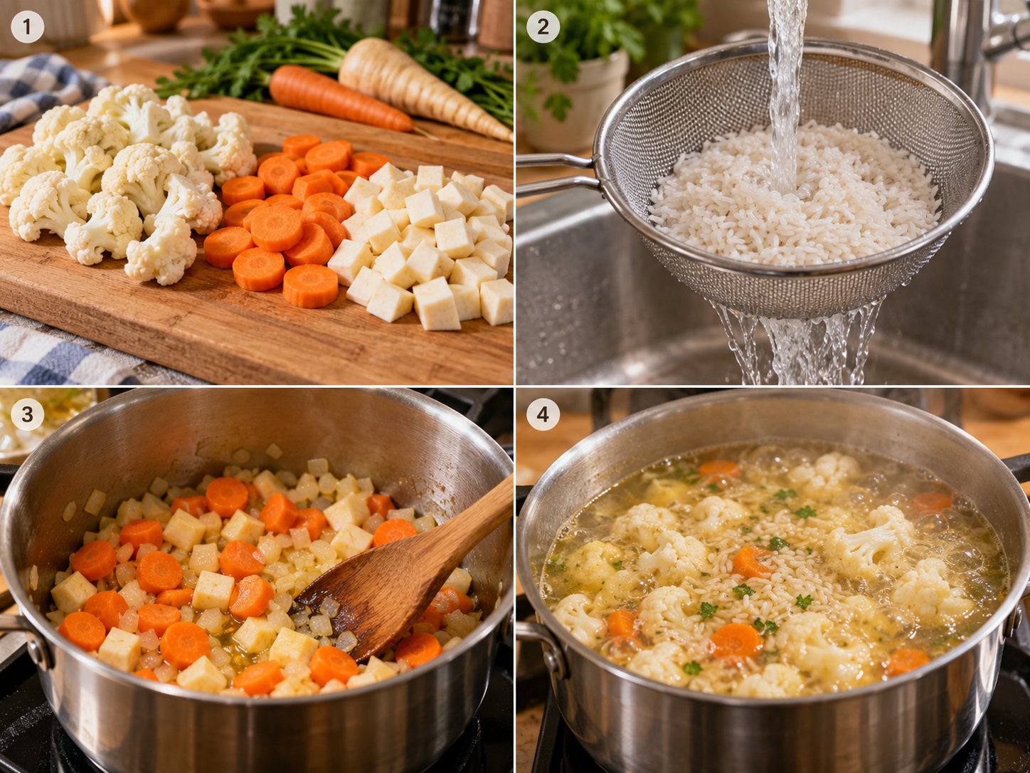 Vier Zubereitungsschritte für Blumenkohl-Möhren-Suppe mit Reis
