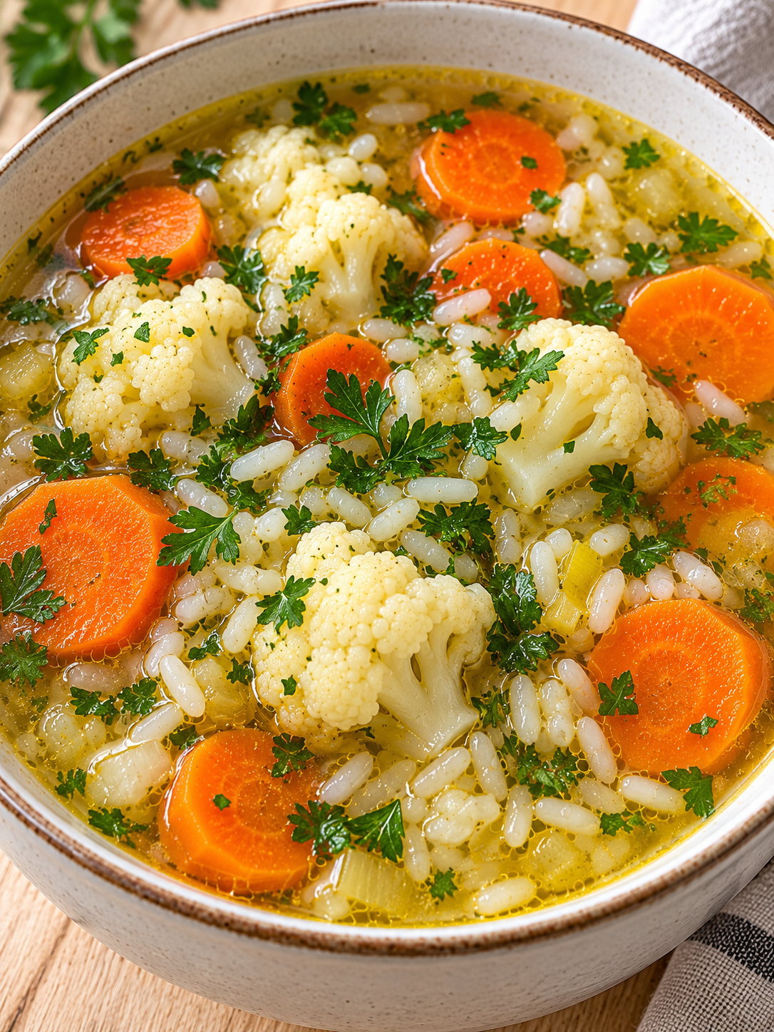Blumenkohl-Möhren-Suppe mit Reis, Petersilie und klarer Brühe