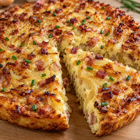 Bodenloser Zwiebelkuchen mit Speck und goldbrauner Oberfläche