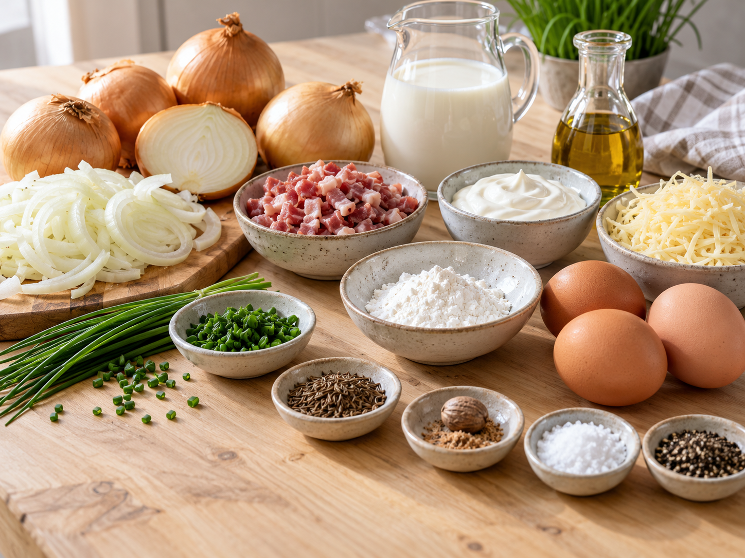 Zutaten für bodenlosen Zwiebelkuchen mit Zwiebeln, Speck, Eiern und Schmand