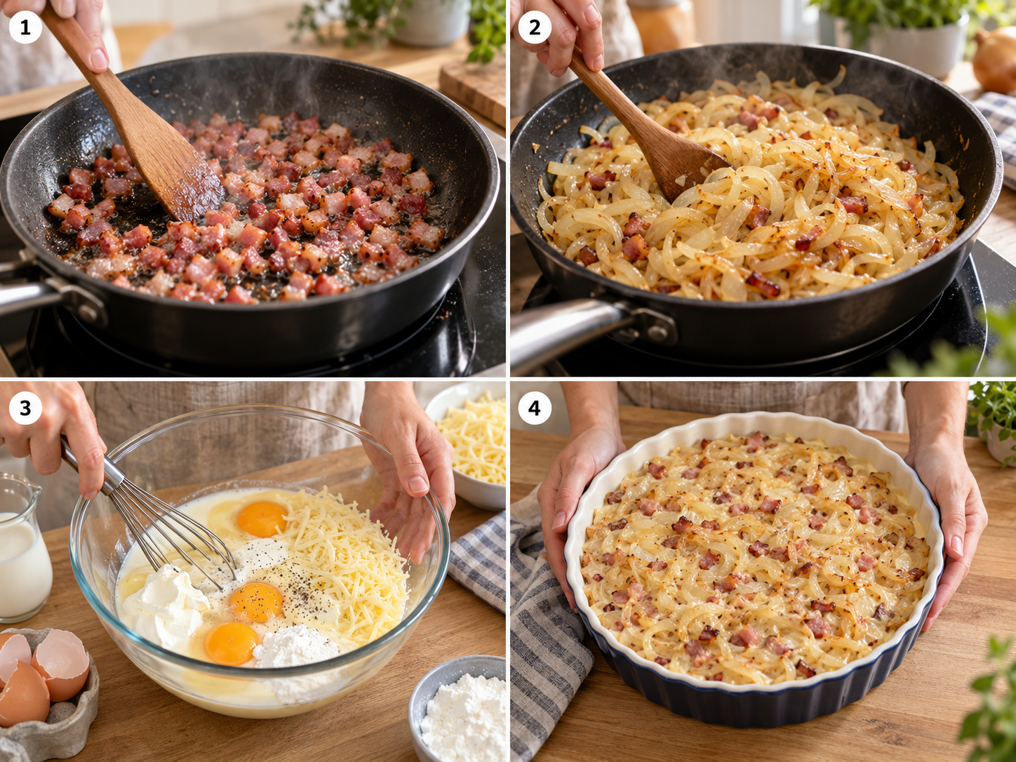 Vier Schritte für bodenlosen Zwiebelkuchen von Speck bis Backform