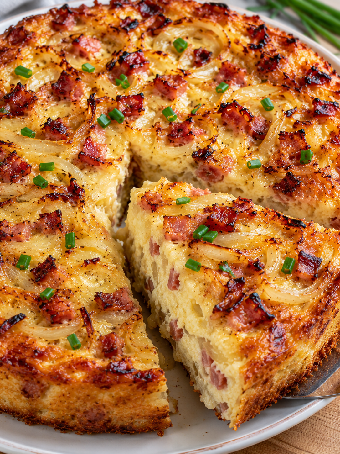 Bodenloser Zwiebelkuchen mit herausgehobenem Stück und Speck