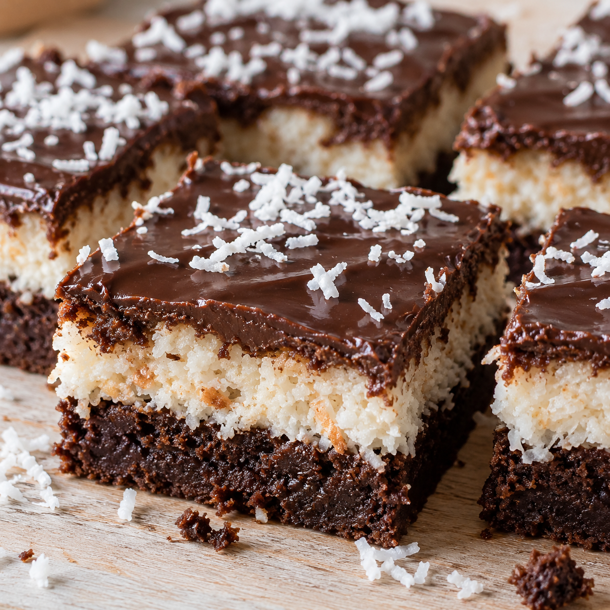 Bounty-Brownies mit Kokos und glänzender Schokoladenglasur