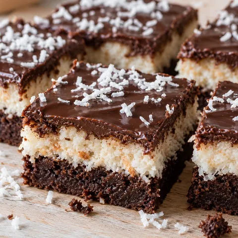 Bounty-Brownies mit Kokos und glänzender Schokoladenglasur