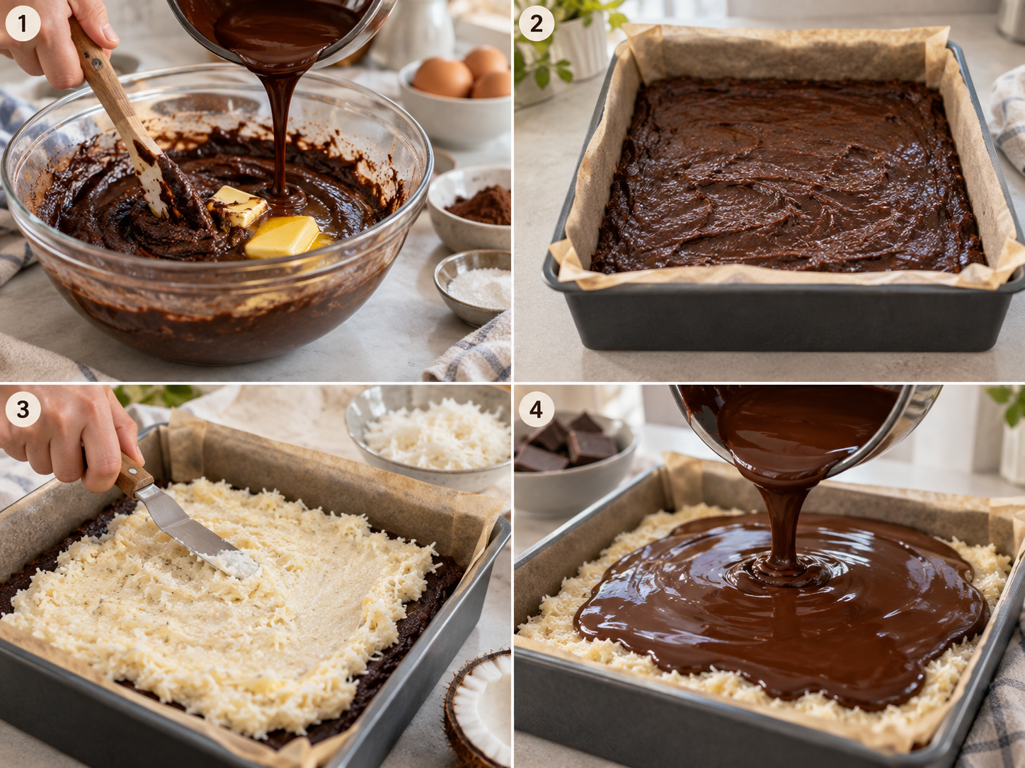 Vier Zubereitungsschritte für Bounty-Brownies mit Kokos