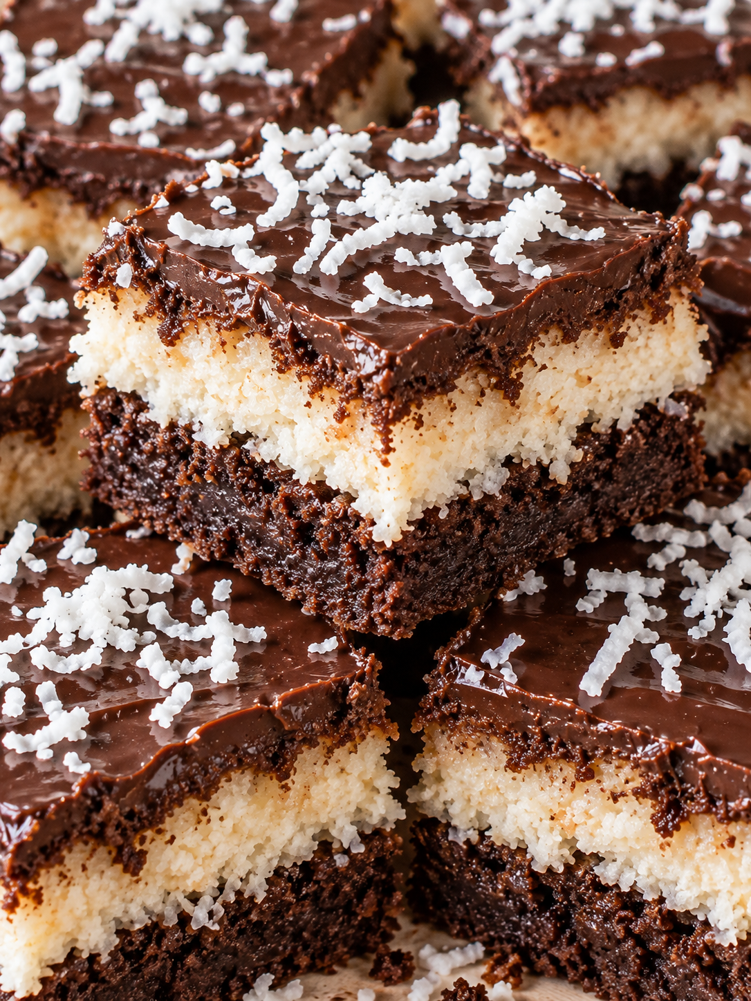 Saftige Bounty-Brownies mit Kokos in gestapelten Quadraten