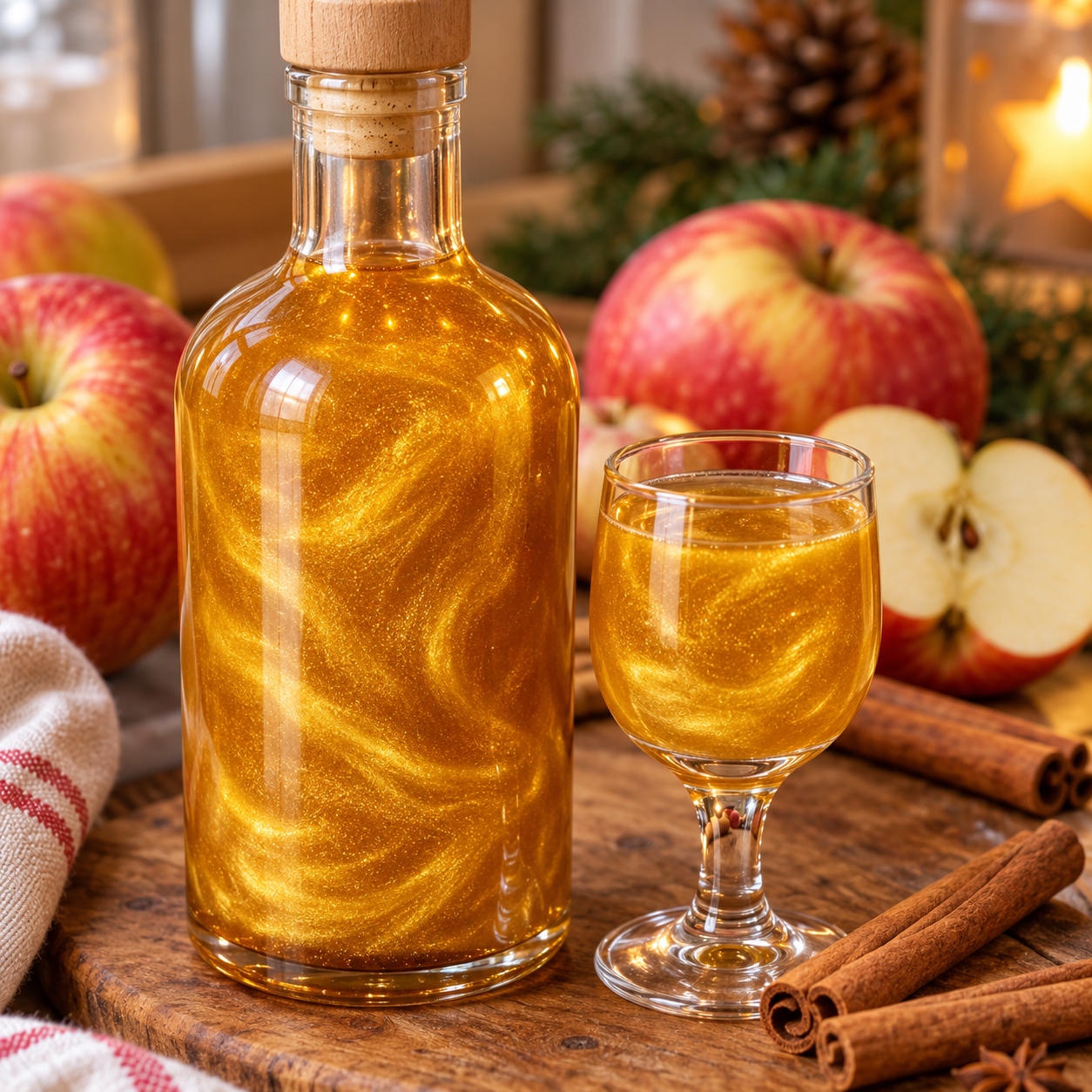 Goldener Bratapfel-Likör mit Schimmer in Flasche und kleinem Glas