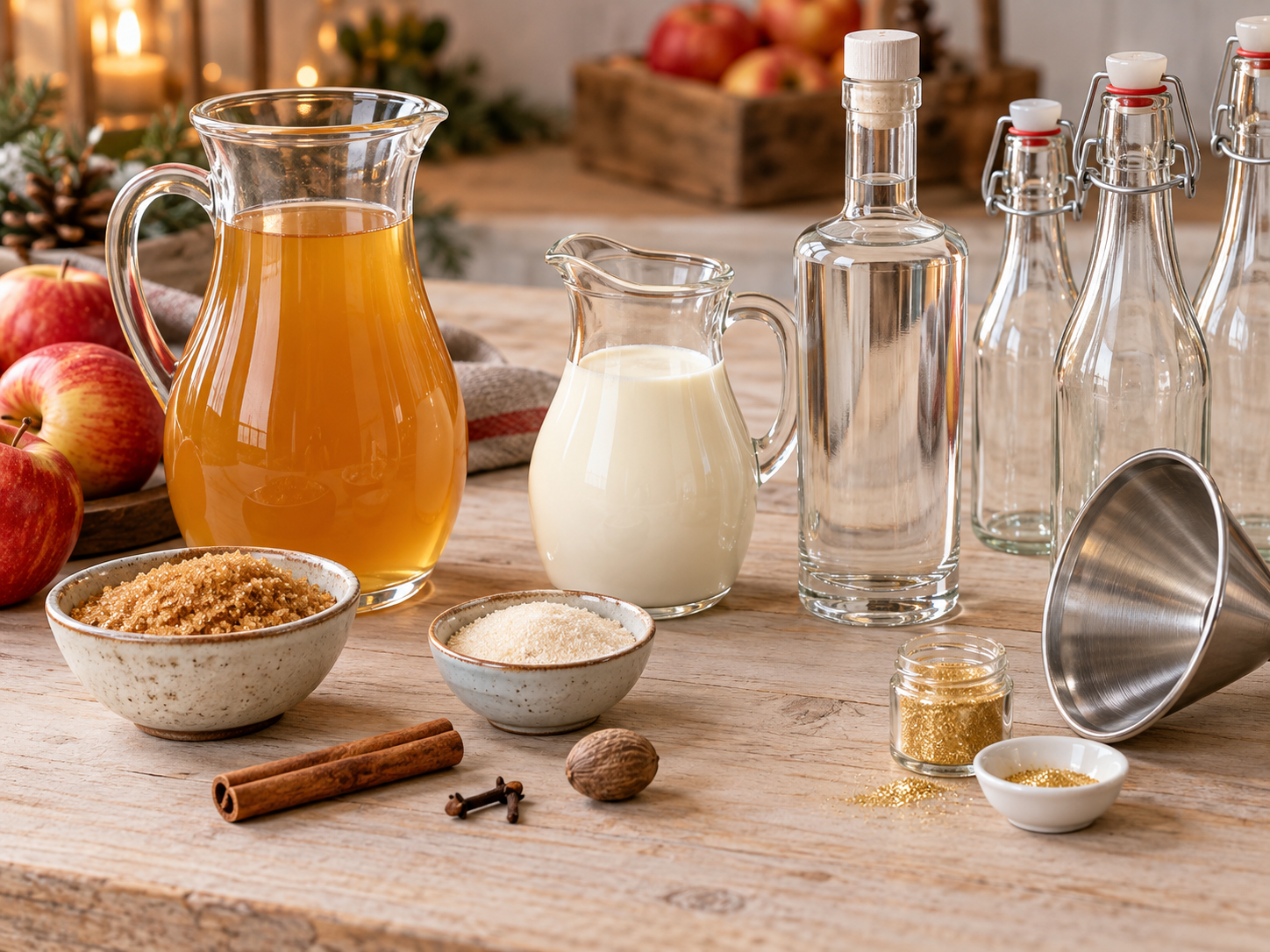 Zutaten für Bratapfel-Likör mit Apfelsaft, Sahne, Gewürzen und Flaschen