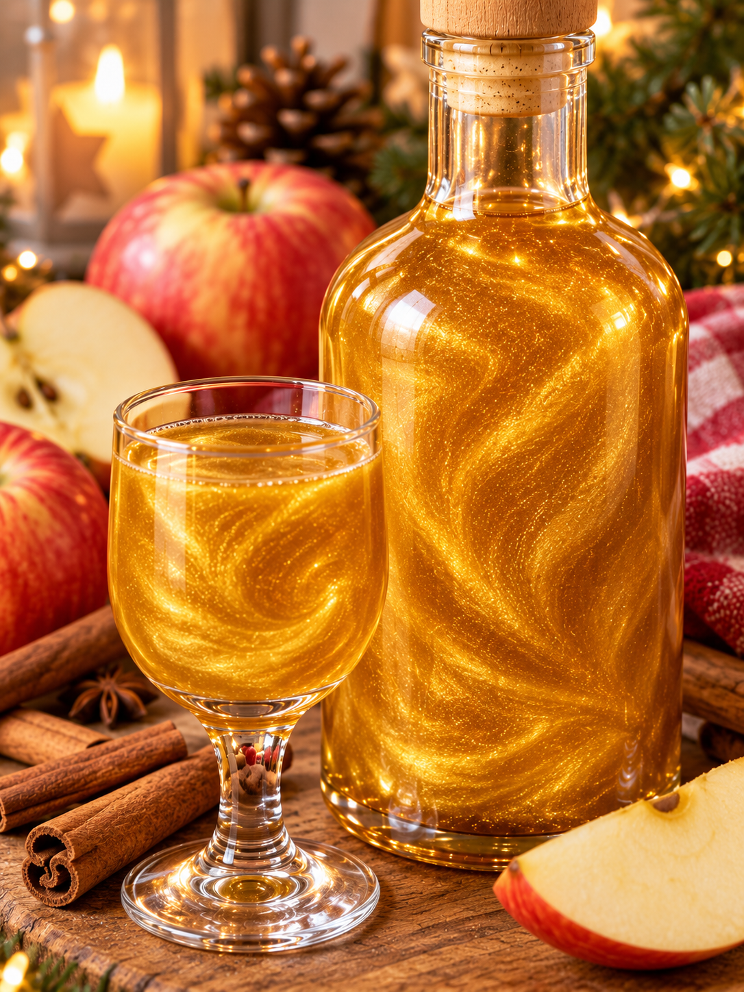 Cremig goldener Bratapfel-Likör mit Zimt und Apfelscheibe