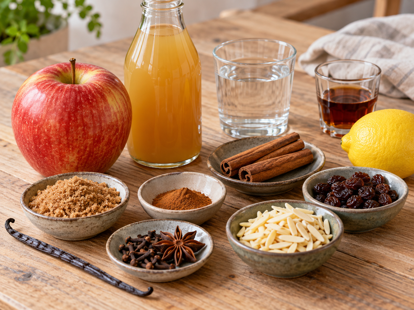 Zutaten für Bratapfelpunsch mit Apfel, Saft, Gewürzen und Mandeln