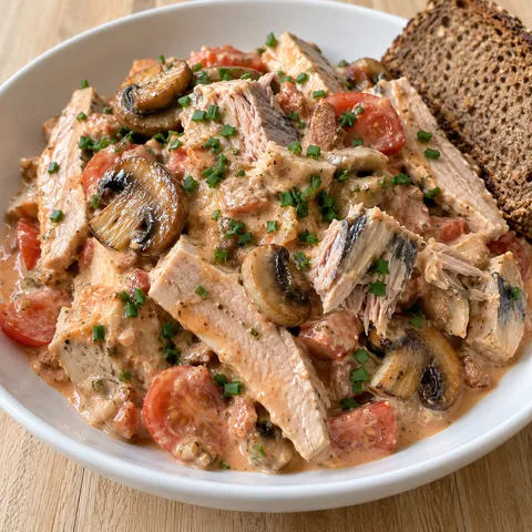 Bratensalat mit Thunmakrele, Champignons und Schnittlauch in weißer Schale