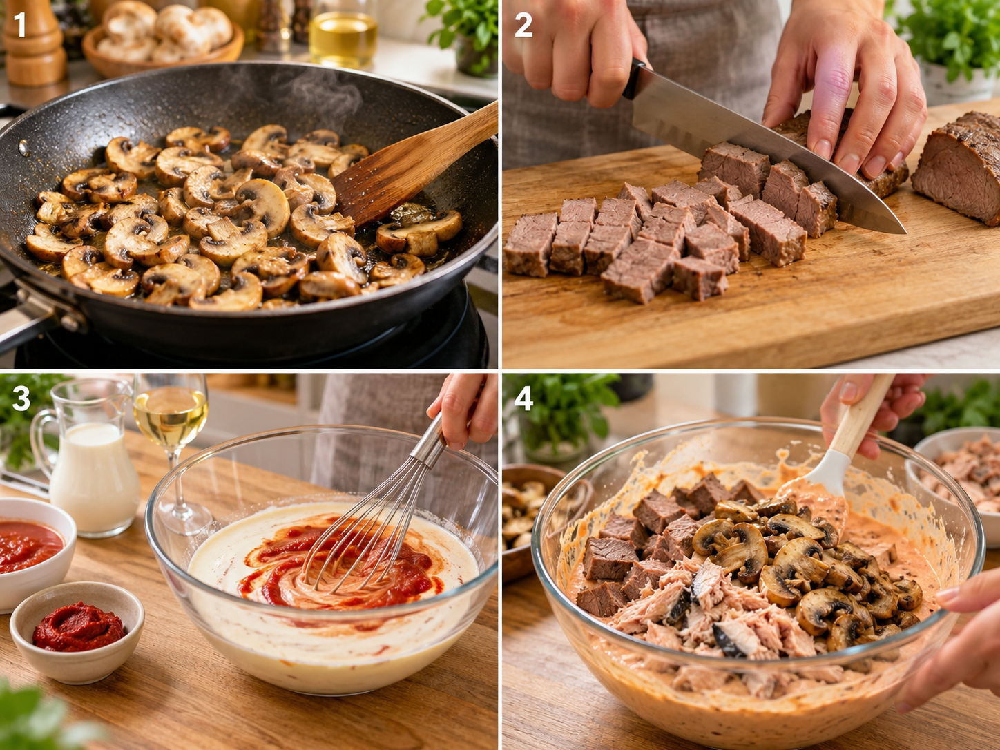 Vier Schritte für Bratensalat mit gebratenen Champignons und cremiger Sauce