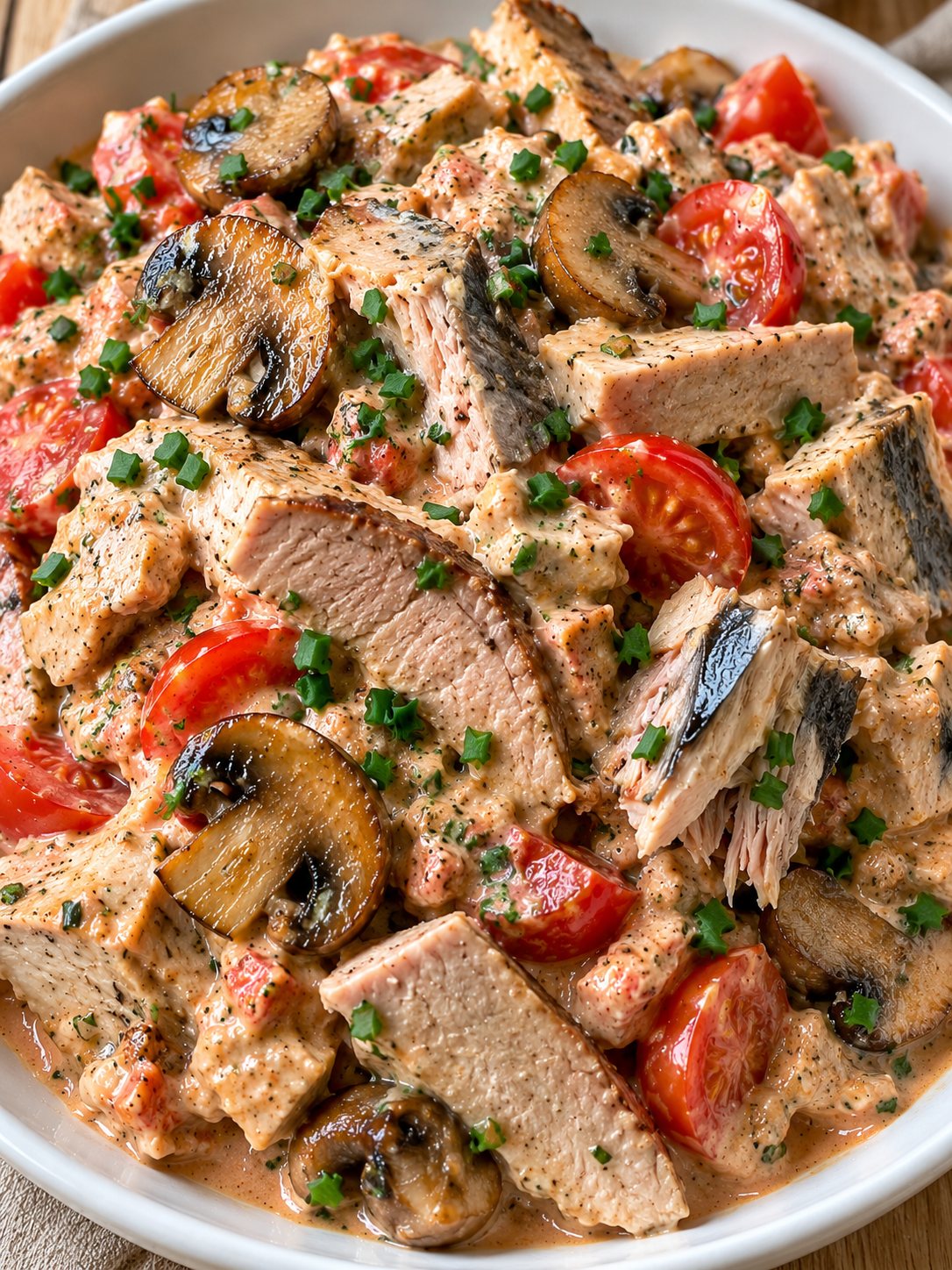 Cremiger Bratensalat mit Thunmakrele, Champignons und Schnittlauch