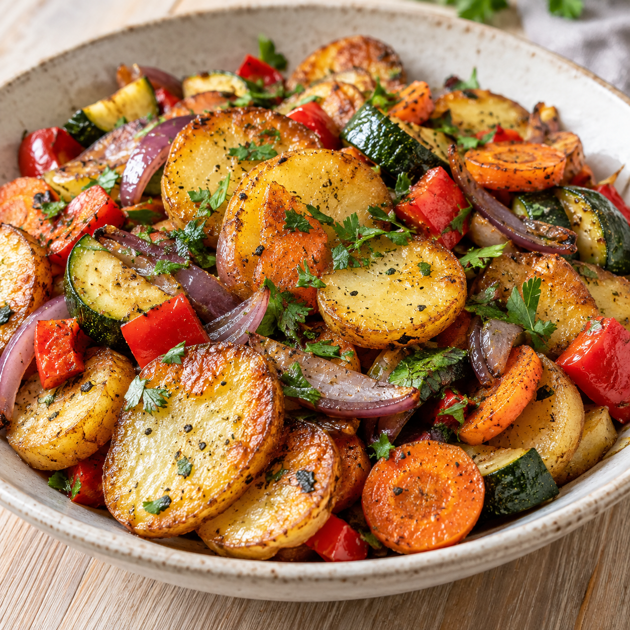 Bratkartoffeln mit Paprika, Zucchini, Karotten und Petersilie