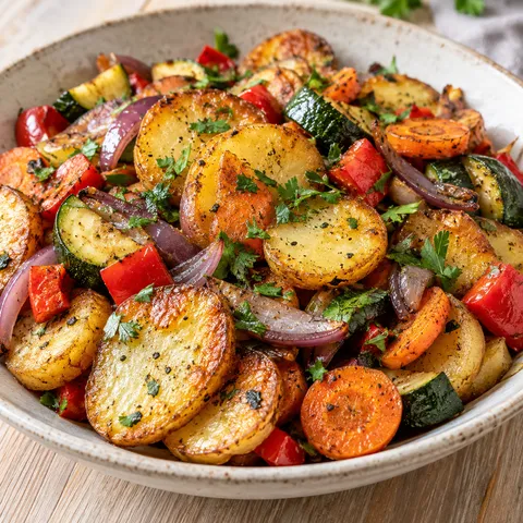 Bratkartoffeln mit Paprika, Zucchini, Karotten und Petersilie