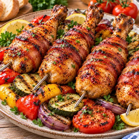 Broilerkeulen am Spieß mit Rauchspeck und buntem Grillgemüse