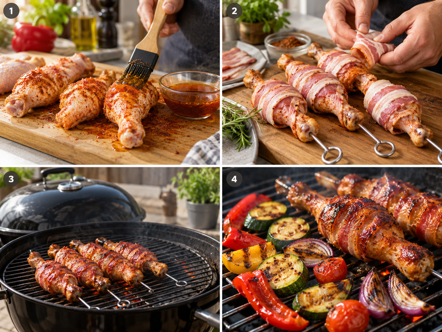 Vier Schritte für Broilerkeulen am Spieß mit Grillgemüse