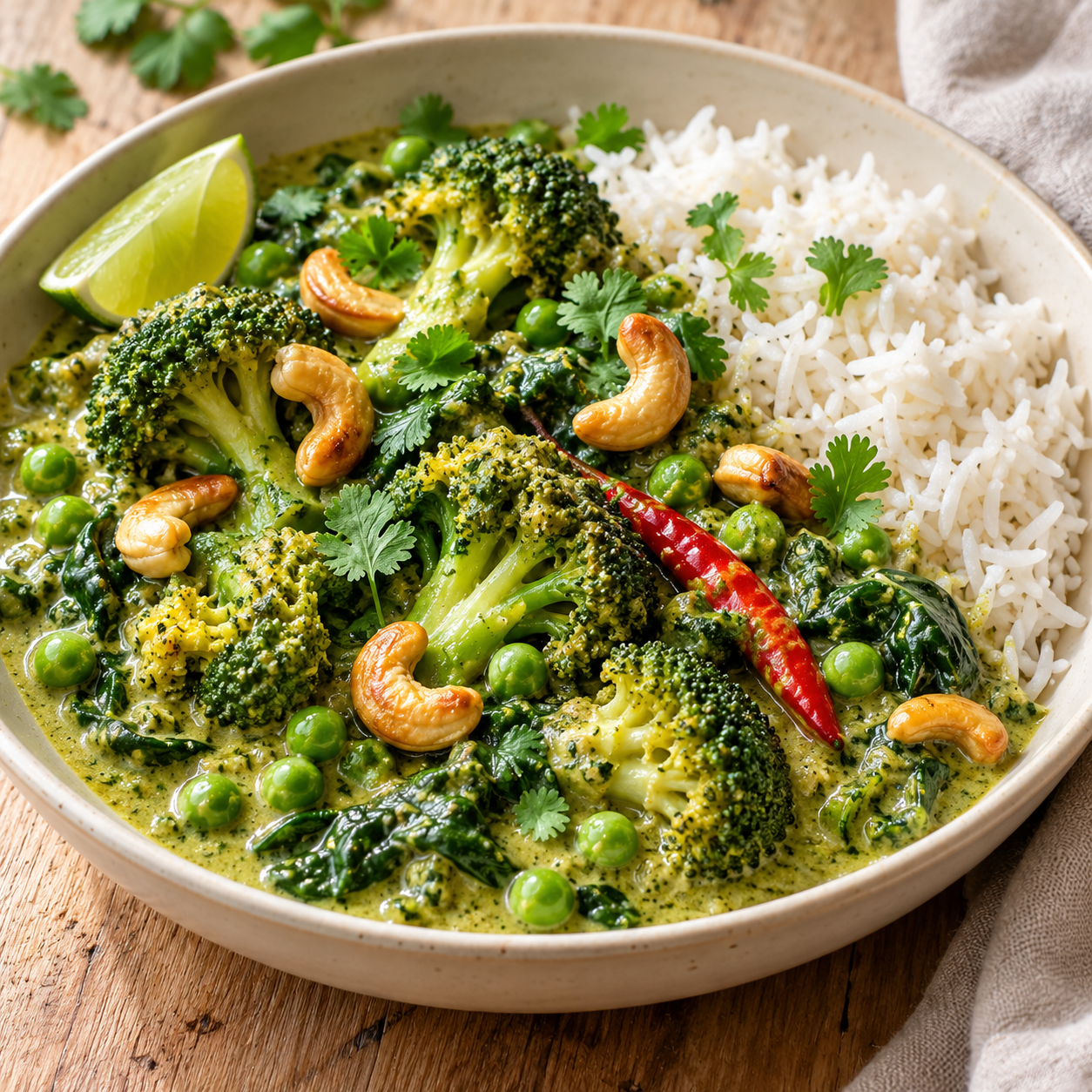 Grünes Brokkoli-Spinat-Erbsen-Curry mit weißem Reis, Cashewkernen und roter Chili