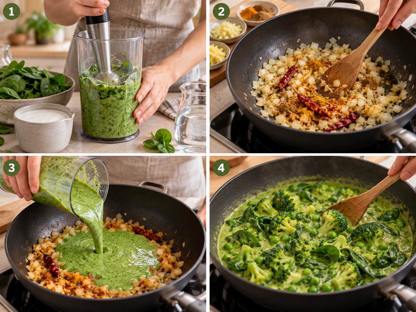 Spinat-Kokossauce pürieren, Gewürze dünsten und Brokkoli mit Erbsen im Curry garen