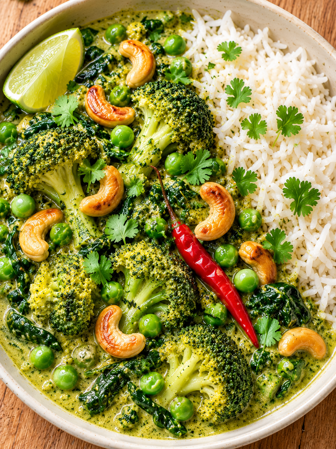 Brokkoli-Spinat-Erbsen-Curry in grüner Kokossauce mit Reis, Koriander und Cashewkernen