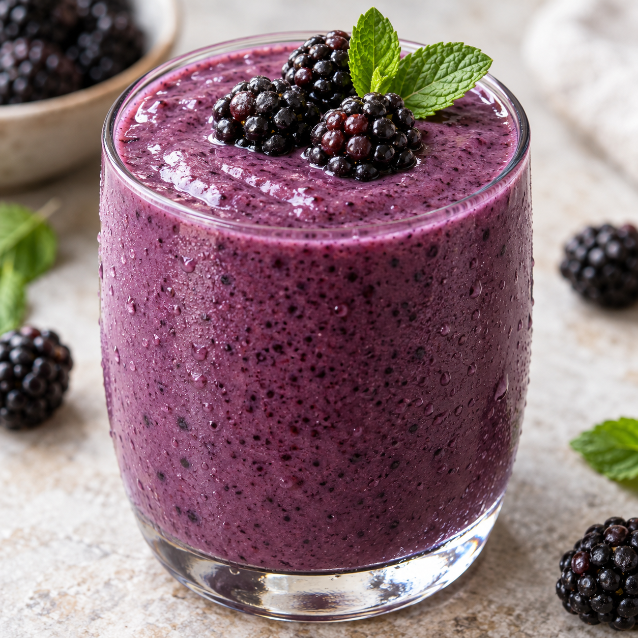 Cremiger Brombeer-Smoothie im Glas mit Brombeeren und Minze