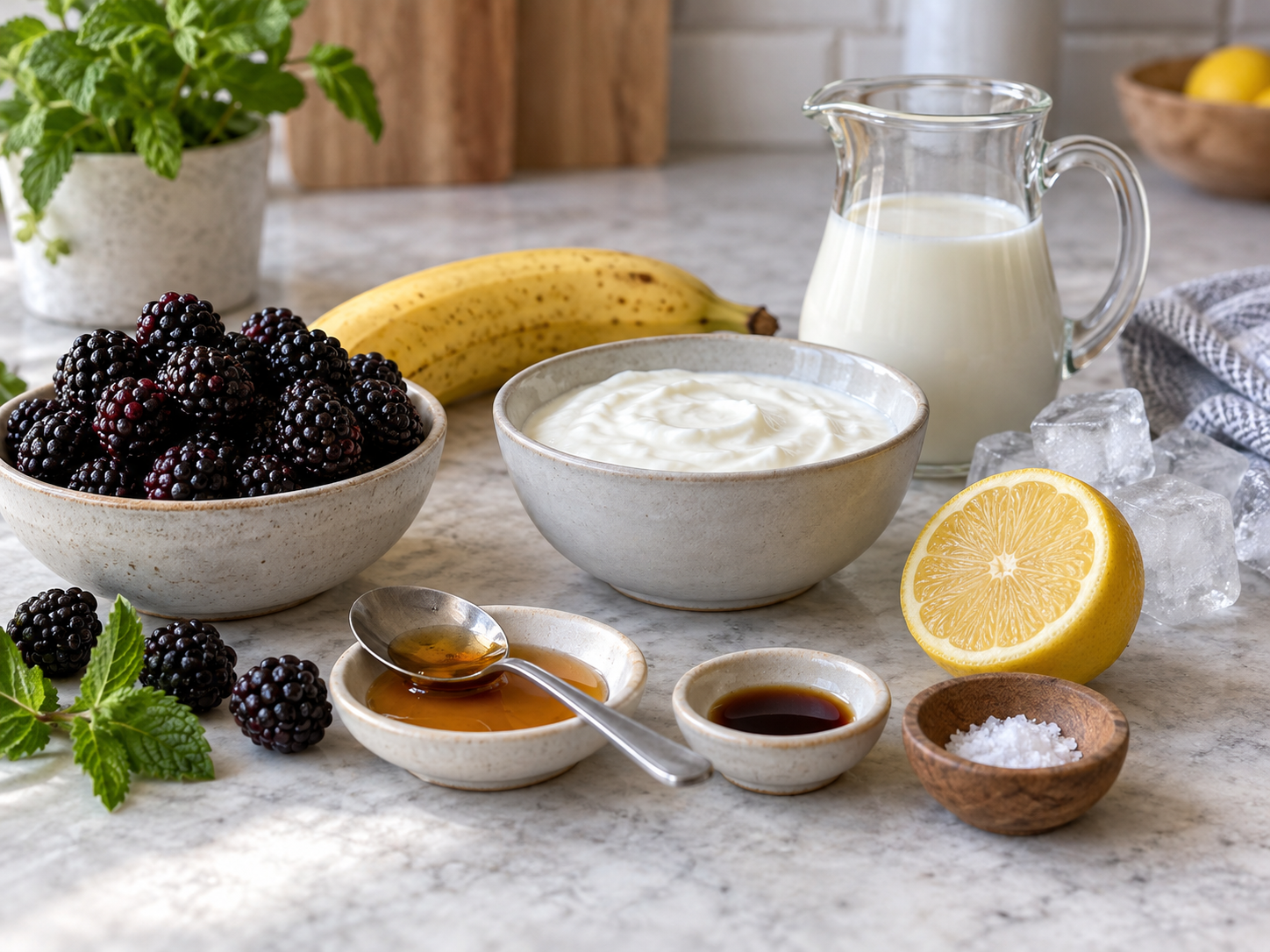 Zutaten für Brombeer-Smoothie mit Banane, Joghurt und Milch
