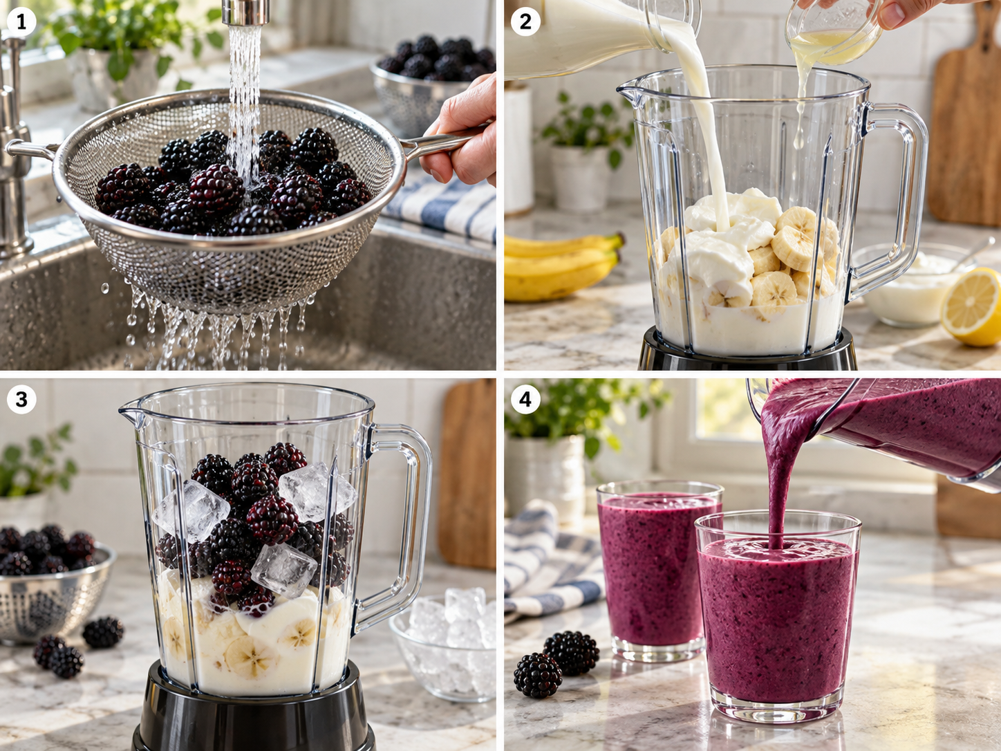 Vier Schritte für Brombeer-Smoothie vom Waschen bis zum Eingießen