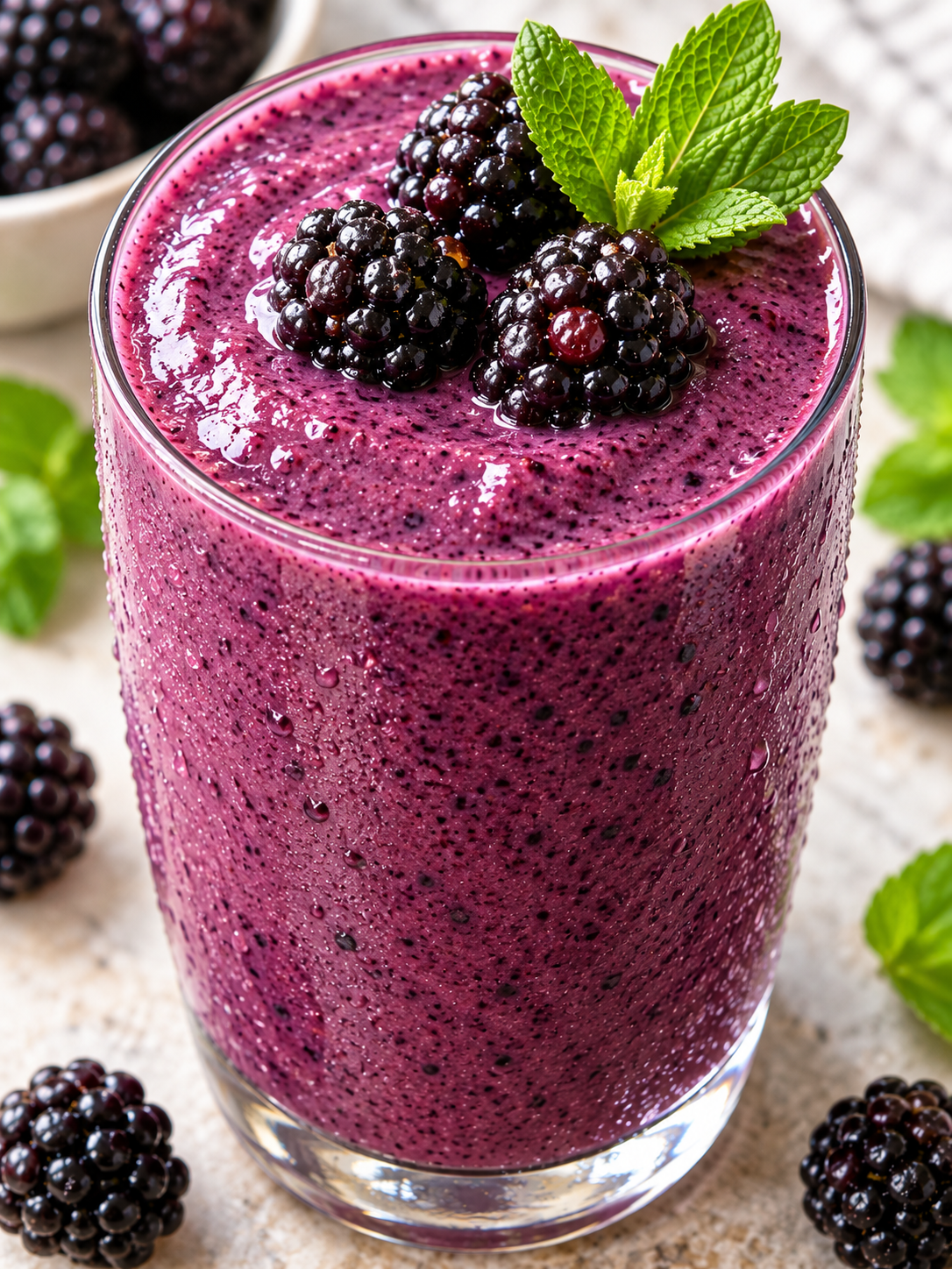 Dunkelvioletter Brombeer-Smoothie mit ganzen Beeren im Glas